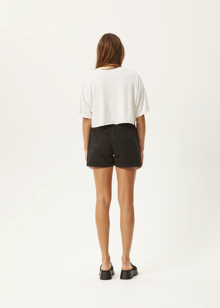 Seventy Three's Organic Denim High Waisted Shorts in Washed Black
