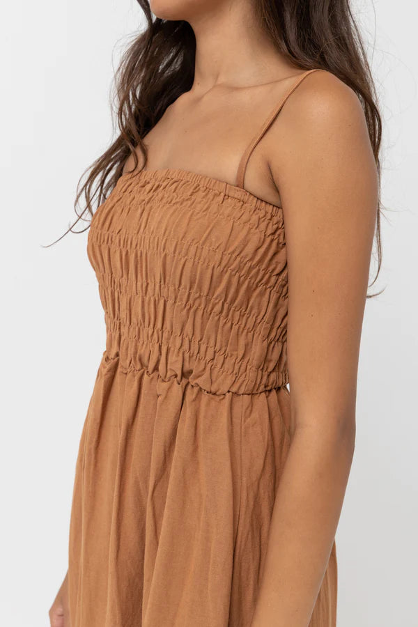 Classic Shirred Midi Dress in Caramel