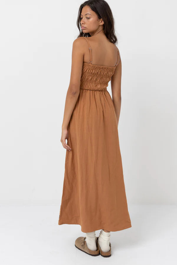 Classic Shirred Midi Dress in Caramel