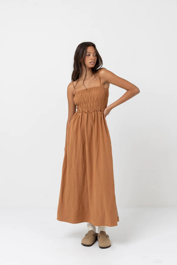 Classic Shirred Midi Dress in Caramel