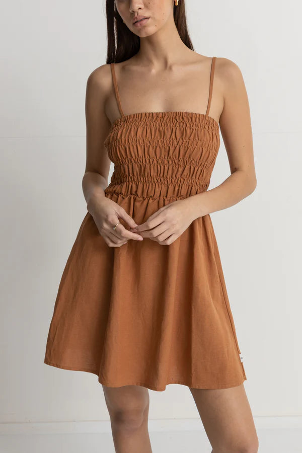 Classic Shirred Mini Dress in Caramel