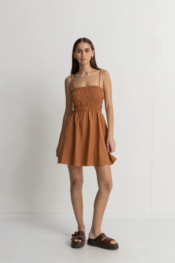 Classic Shirred Mini Dress in Caramel