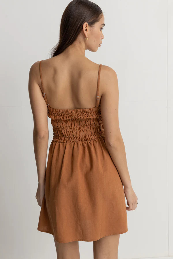 Classic Shirred Mini Dress in Caramel