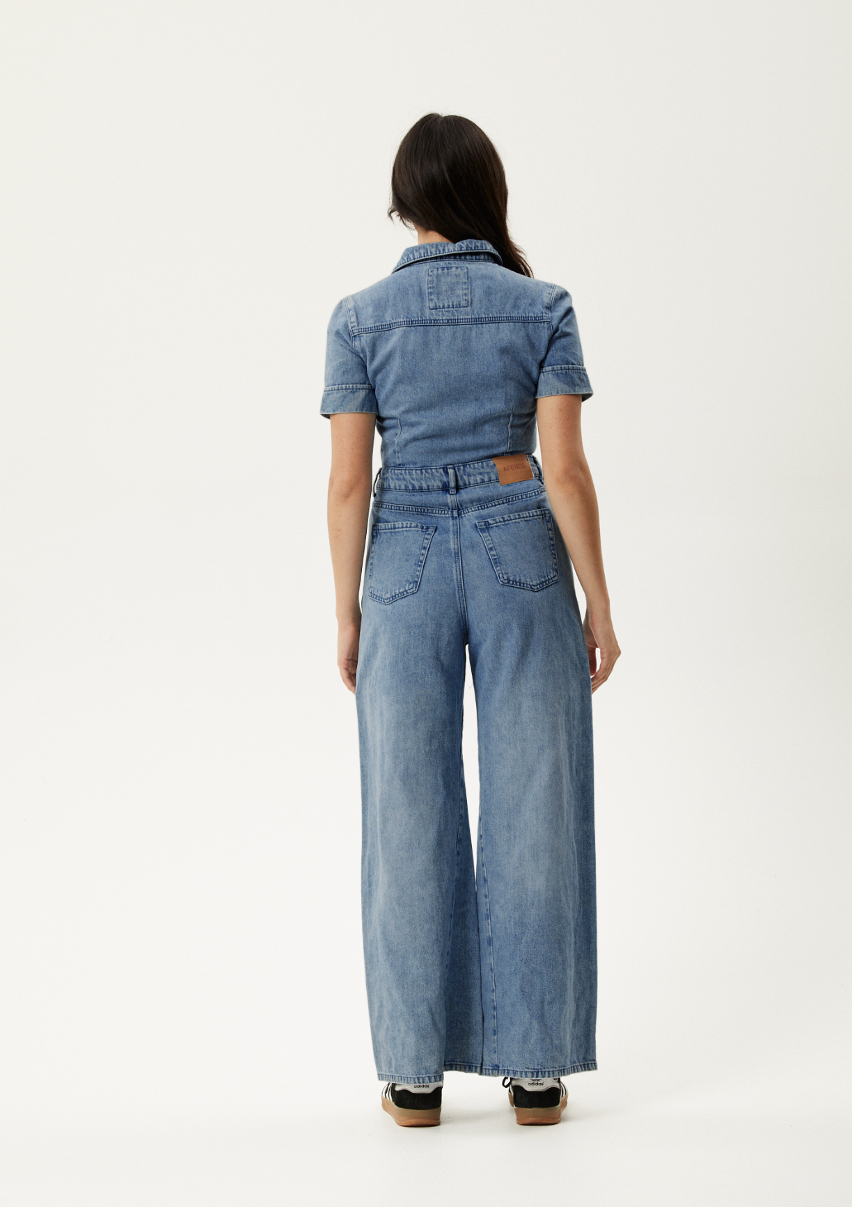 Miami Hemp Denim Flared Jumpsuit in Worn Blue