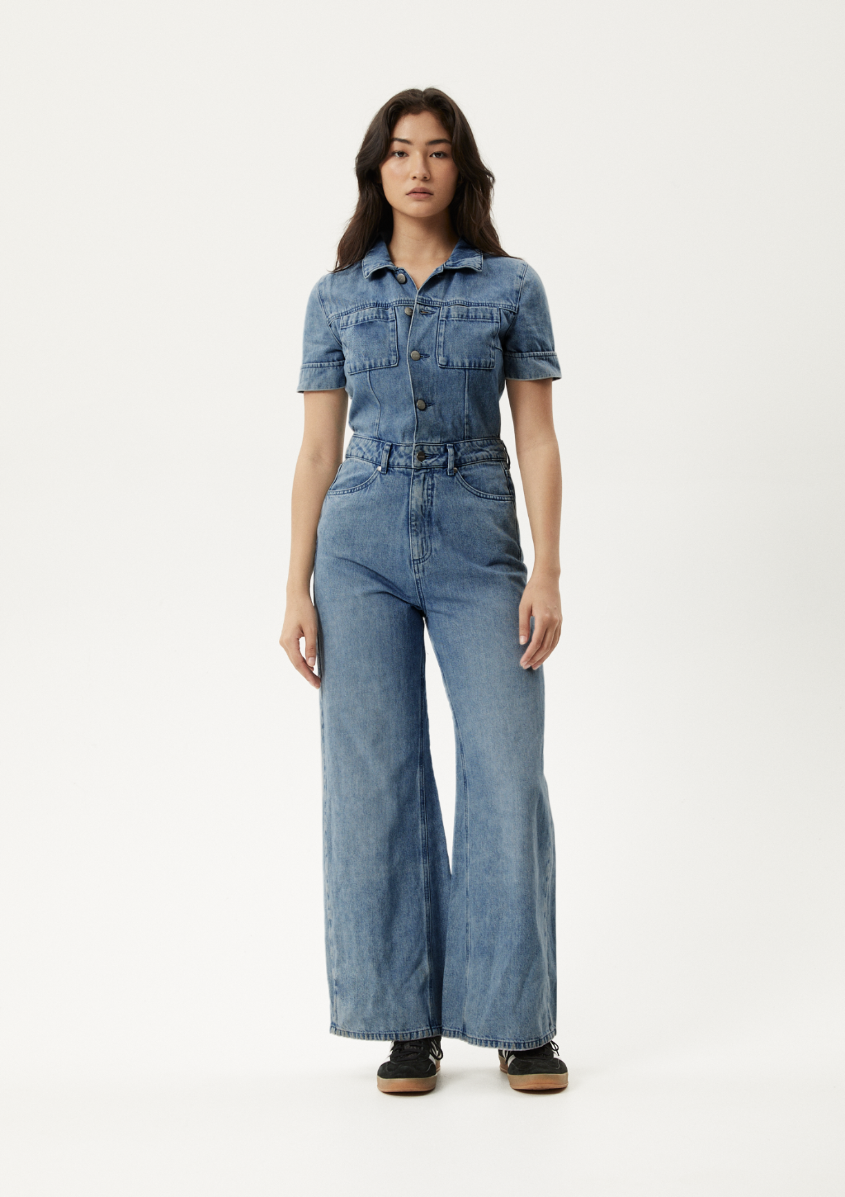 Miami Hemp Denim Flared Jumpsuit in Worn Blue